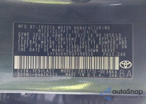 2016 Toyota Corolla Le Premium z USA, uszkodzony, nr VIN 5YFBURHE4GP498950